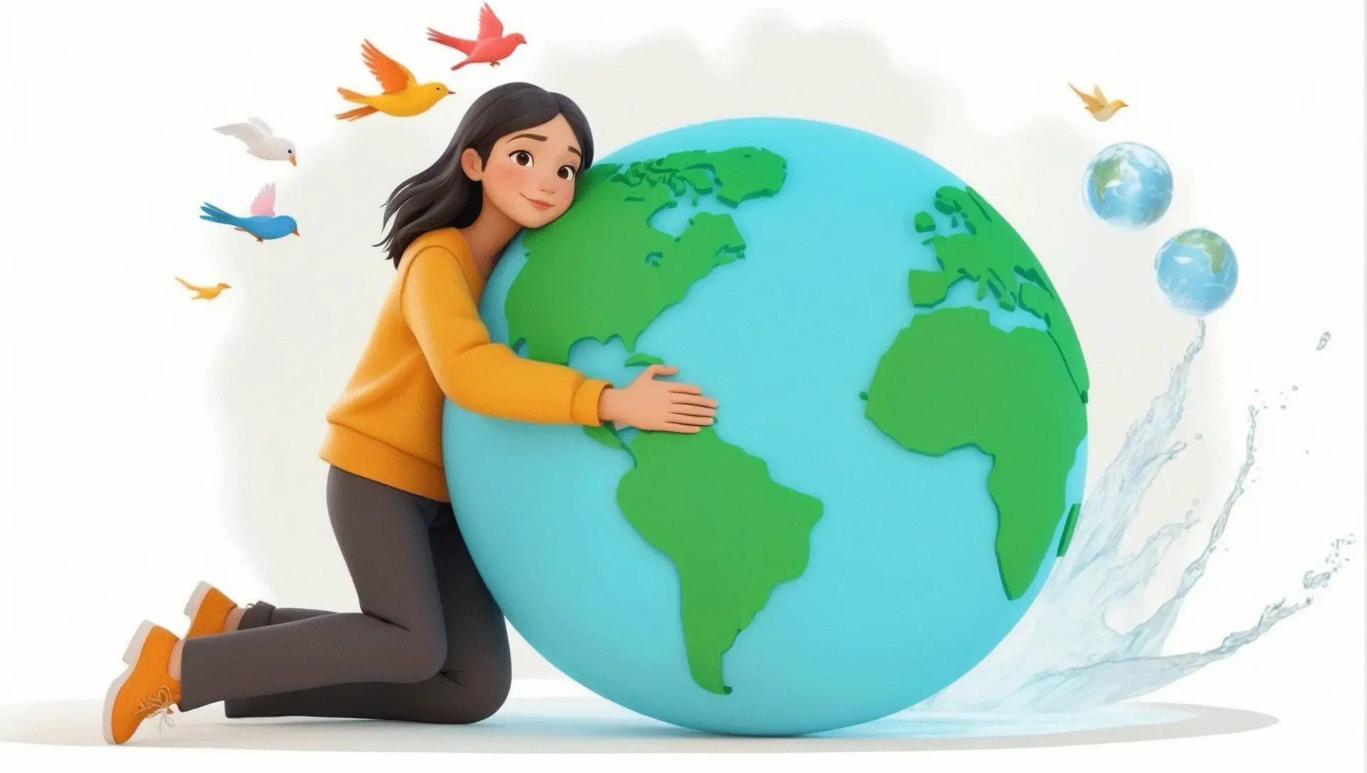 Earth Day Concept Girl with World 3D Character Illustration